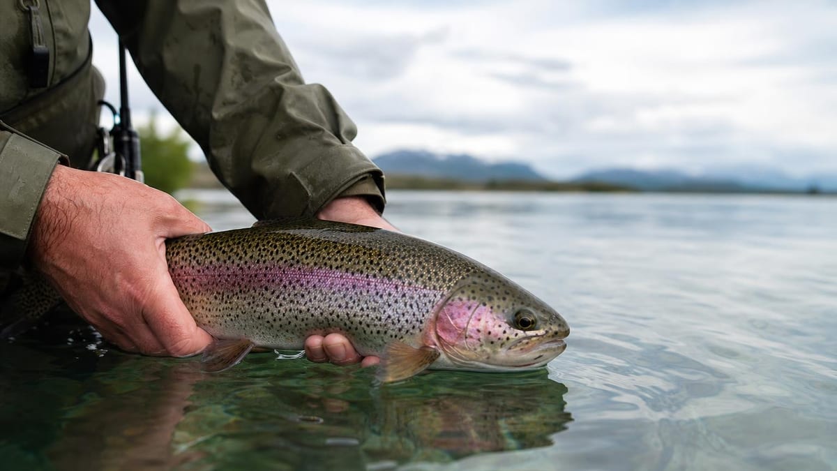 An angler in waders kneeling in shallow water holding a rainbow trout at the surface, its pink lateral stripe and spotted back clear against cold clear water