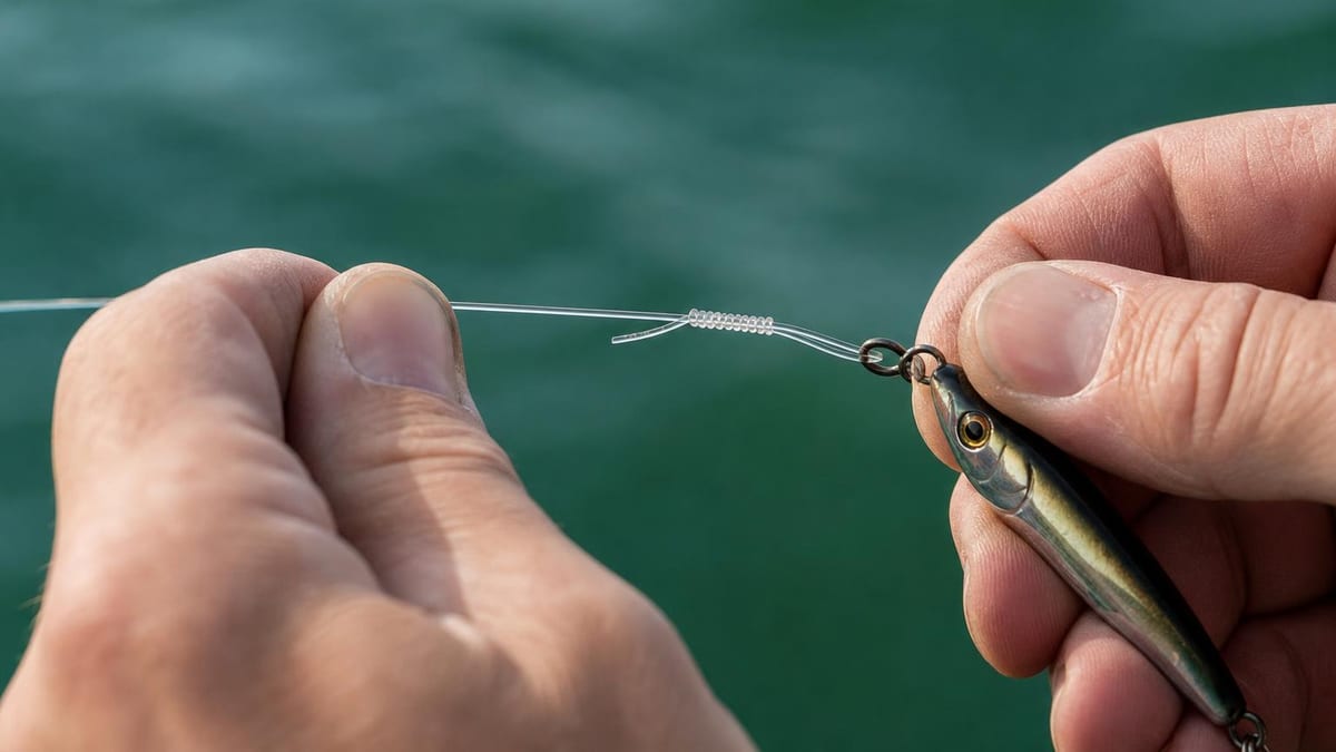Hands seating a compact fishing knot by pulling line steadily, a neat barrel of wraps near a lure clip over cool green water
