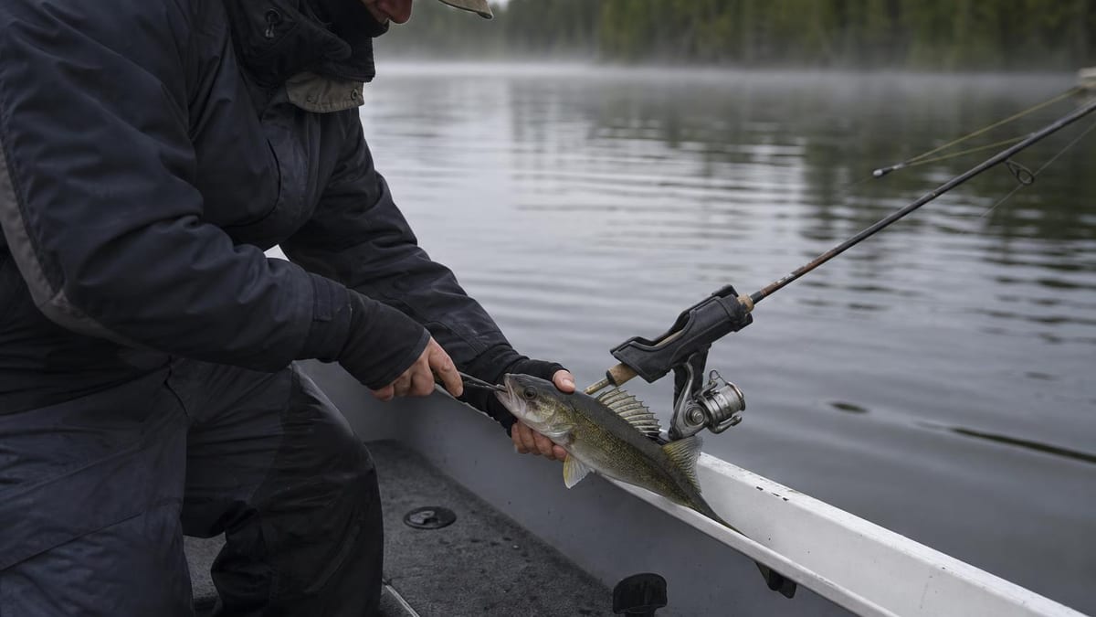 A hooded, cap-wearing angler in a dark jacket uses pliers to remove a hook from a walleye held against the edge of an aluminum boat, with a spinning rod in a holder and a misty, forest-lined lake in the background