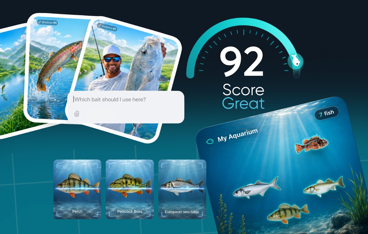 Fishing Club AI app screens: catch photos scored with BiteScore, an assistant asked which bait to use, a BiteScore dial reading 92, photo identification of perch, peacock bass and European sea bass, and a My Aquarium view holding seven caught species