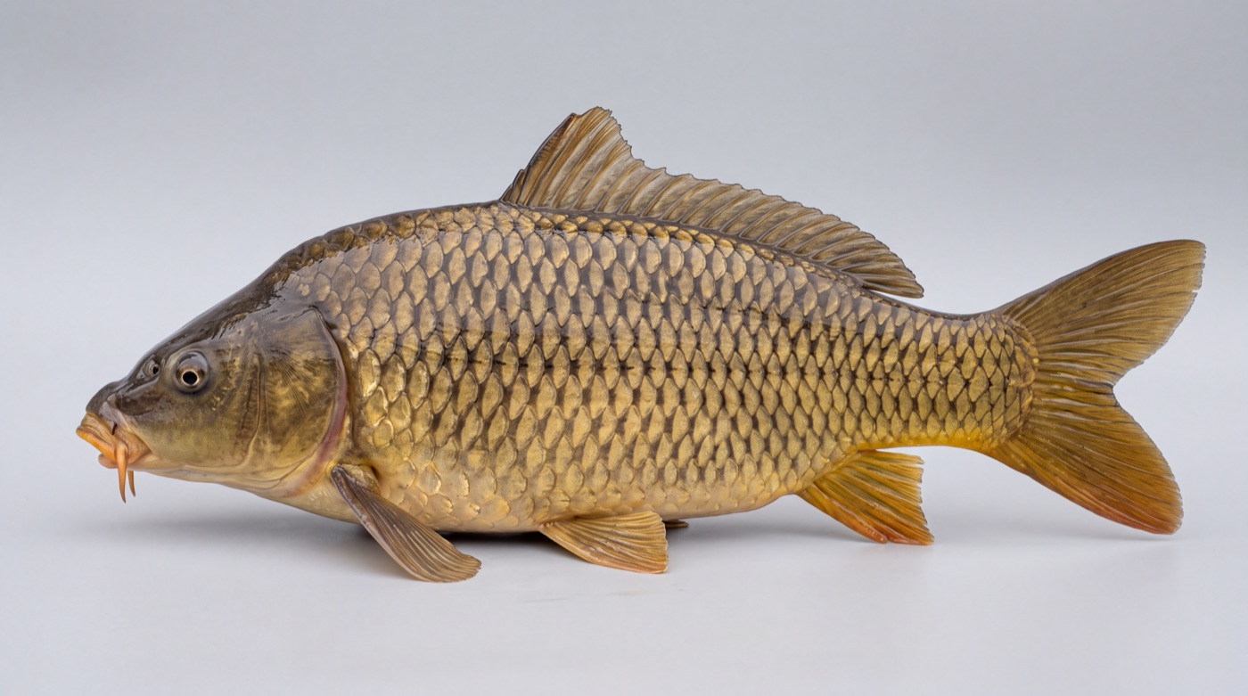 Common carp (Cyprinus carpio) showing its heavy brassy-scaled body, long dorsal fin and the two pairs of barbels on the upper jaw